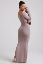 Chic Ribbed-Knit Off-Shoulder Maxi Dress in Taupe