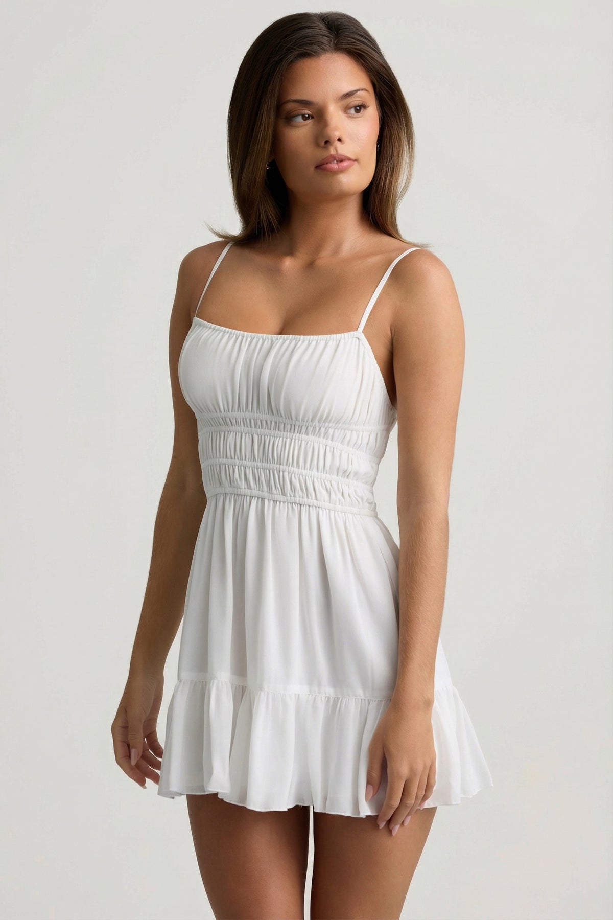 Chic Shirred Camisole Mini Dress in White