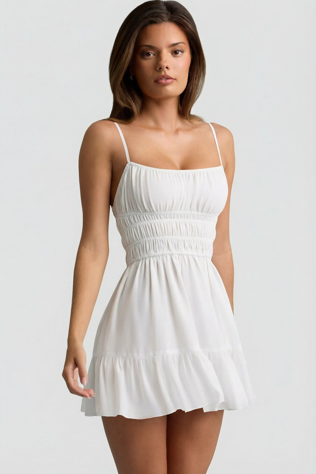 Chic Shirred Camisole Mini Dress in White