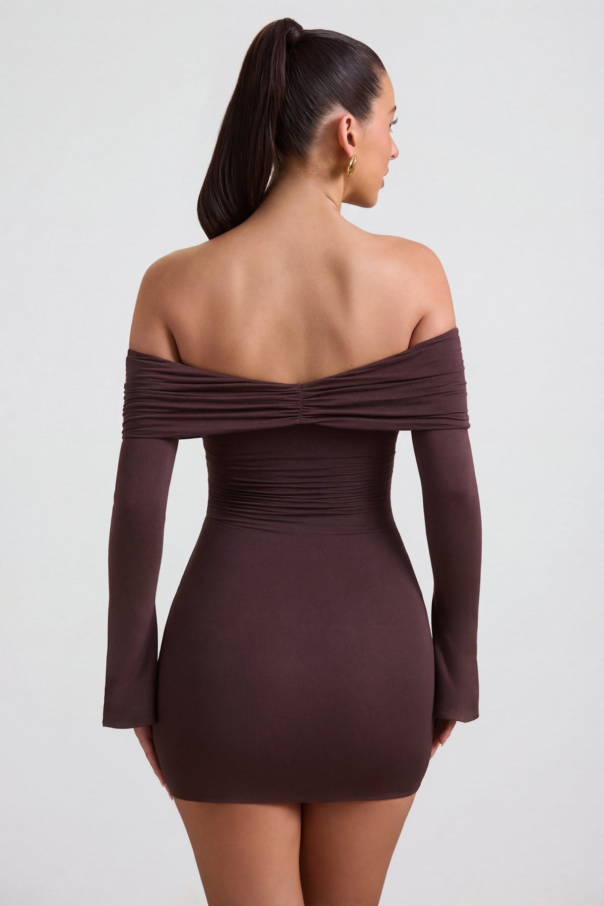 Chic Modal-Cashmere Blend Off-Shoulder Ruched Mini Dress in Espresso