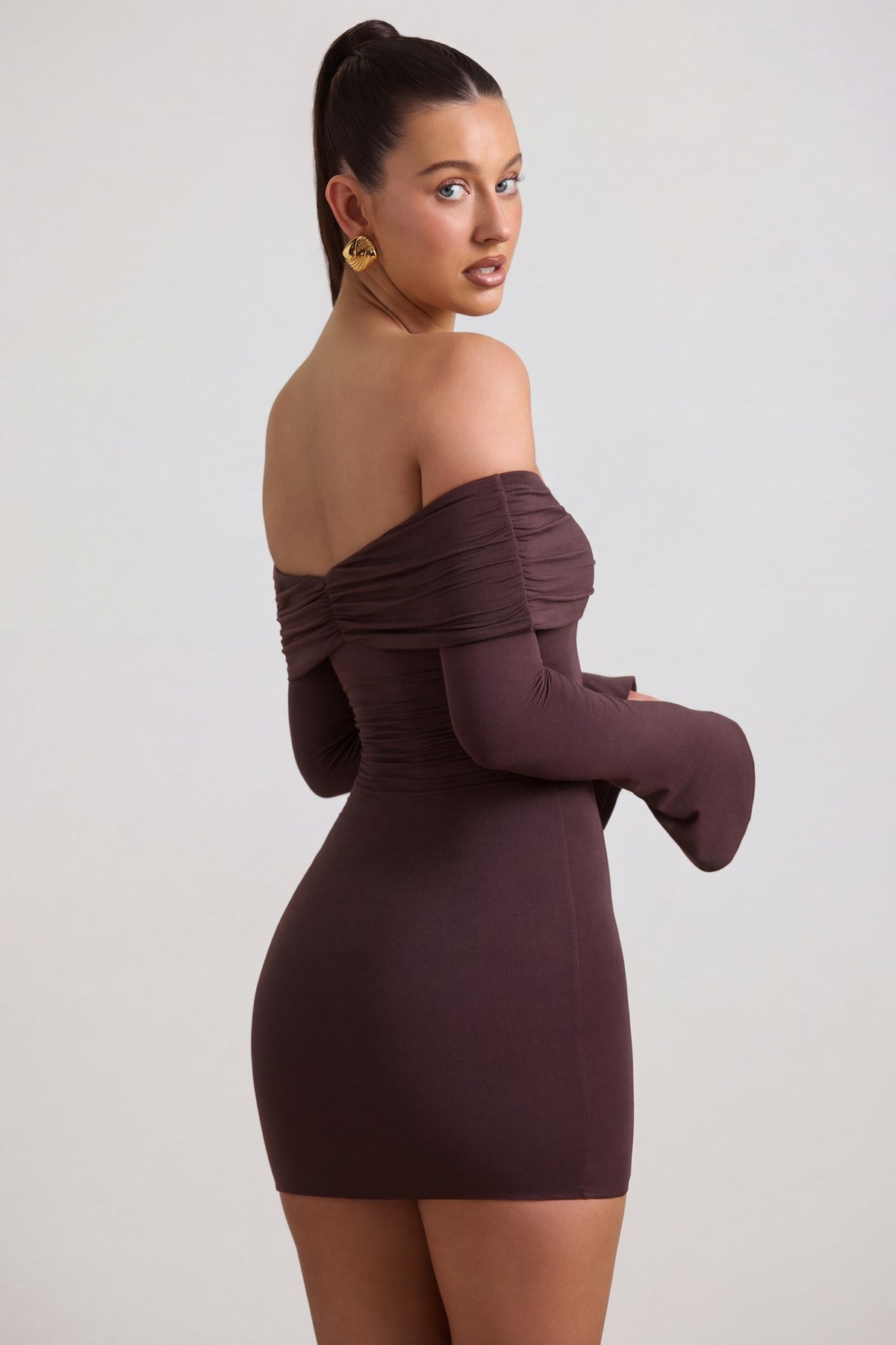Chic Modal-Cashmere Blend Off-Shoulder Ruched Mini Dress in Espresso