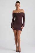 Chic Modal-Cashmere Blend Off-Shoulder Ruched Mini Dress in Espresso