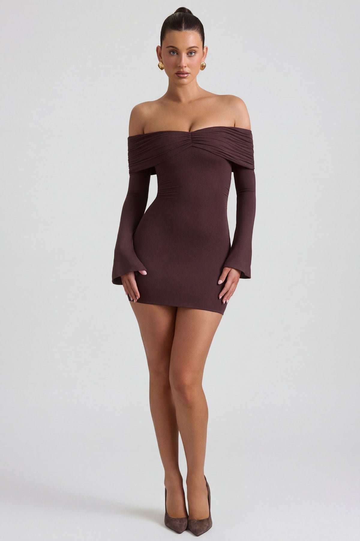 Chic Modal-Cashmere Blend Off-Shoulder Ruched Mini Dress in Espresso