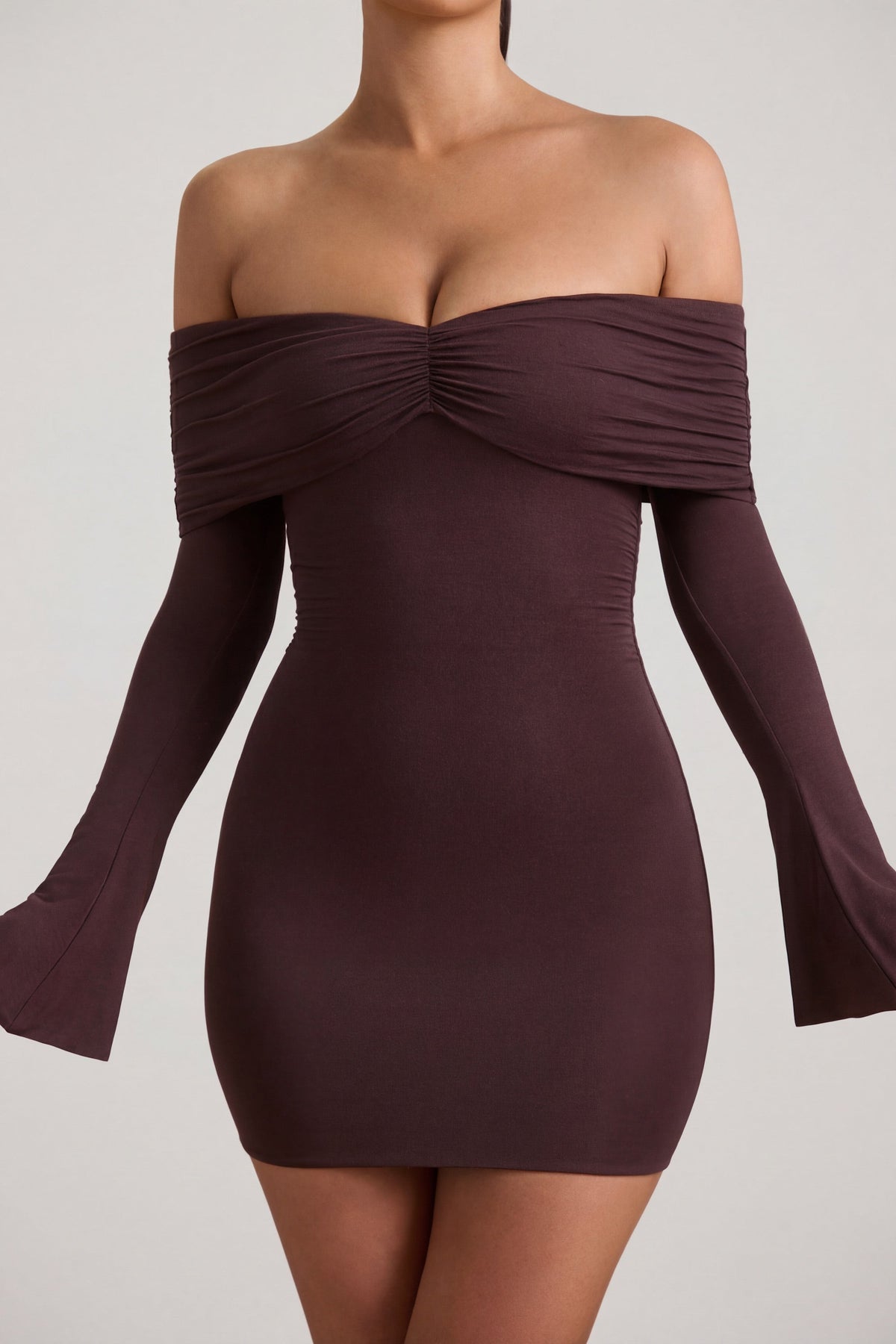 Chic Modal-Cashmere Blend Off-Shoulder Ruched Mini Dress in Espresso