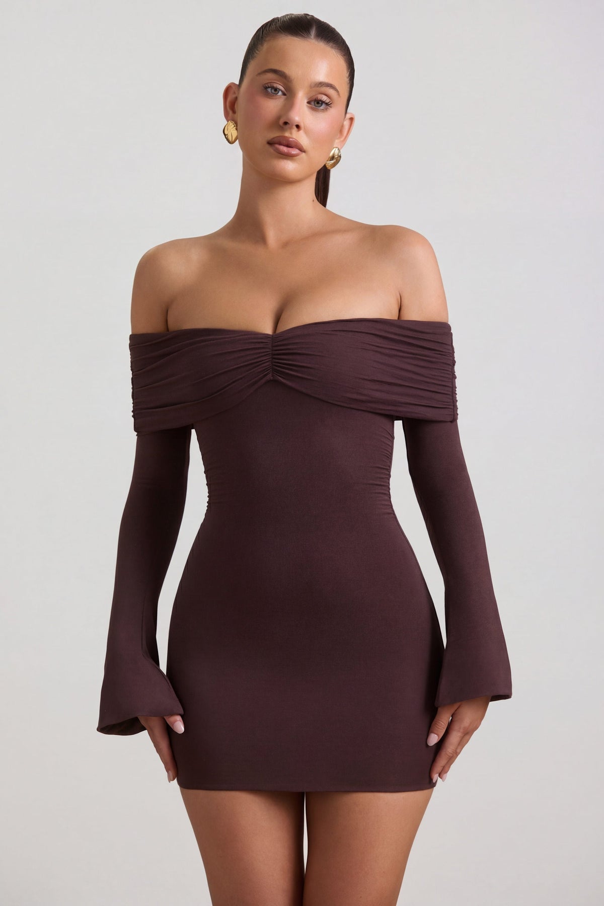 Chic Modal-Cashmere Blend Off-Shoulder Ruched Mini Dress in Espresso