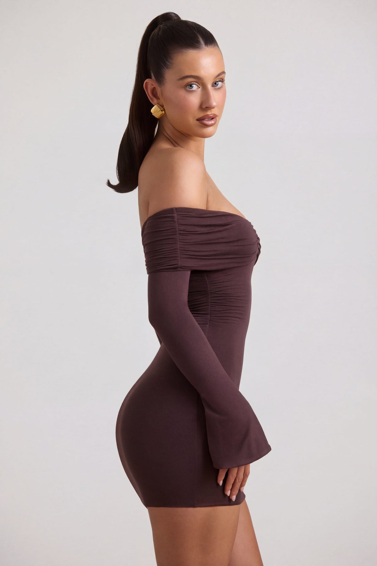 Chic Modal-Cashmere Blend Off-Shoulder Ruched Mini Dress in Espresso