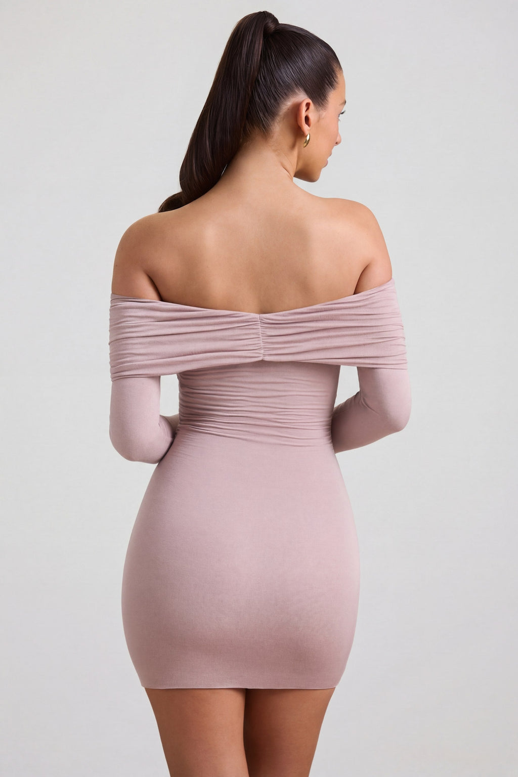 Chic Modal-Cashmere Blend Off-Shoulder Ruched Mini Dress in Taupe