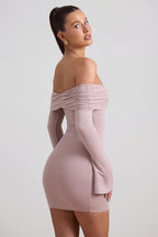 Chic Modal-Cashmere Blend Off-Shoulder Ruched Mini Dress in Taupe