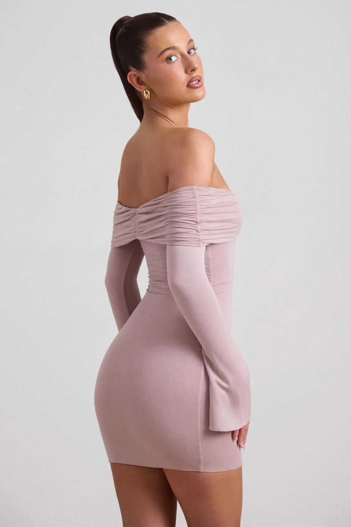 Chic Modal-Cashmere Blend Off-Shoulder Ruched Mini Dress in Taupe