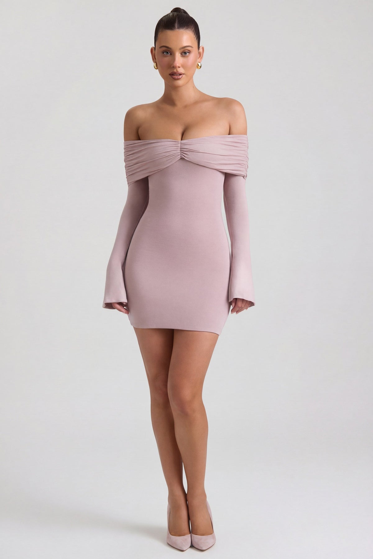 Chic Modal-Cashmere Blend Off-Shoulder Ruched Mini Dress in Taupe