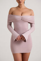 Chic Modal-Cashmere Blend Off-Shoulder Ruched Mini Dress in Taupe