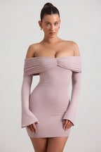 Chic Modal-Cashmere Blend Off-Shoulder Ruched Mini Dress in Taupe