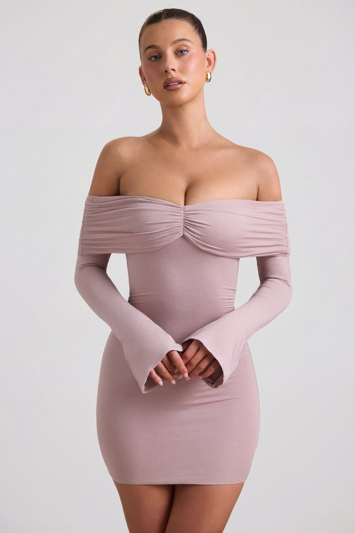 Chic Modal-Cashmere Blend Off-Shoulder Ruched Mini Dress in Taupe