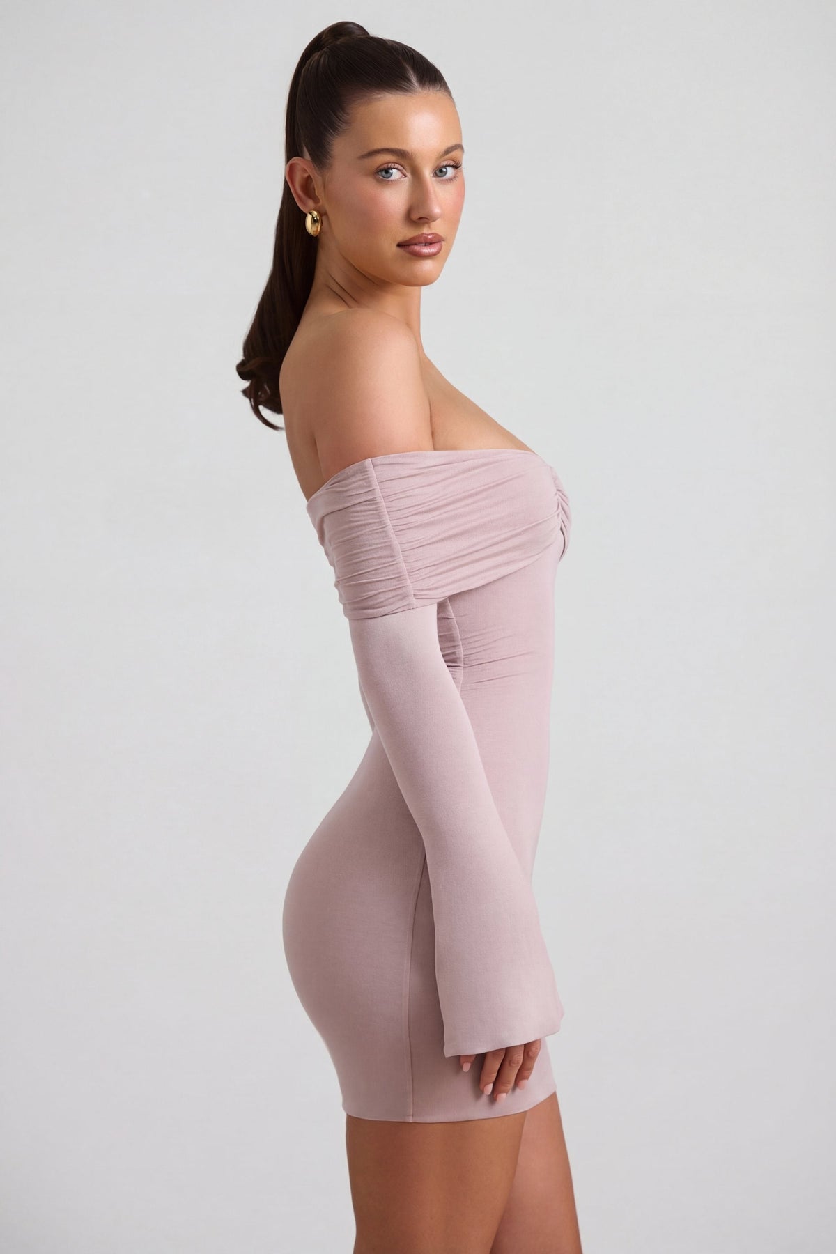 Chic Modal-Cashmere Blend Off-Shoulder Ruched Mini Dress in Taupe