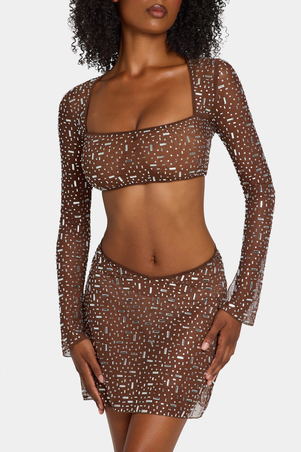 Chic Sheer Embellished V Waist Mini Skirt in Deep Cocoa
