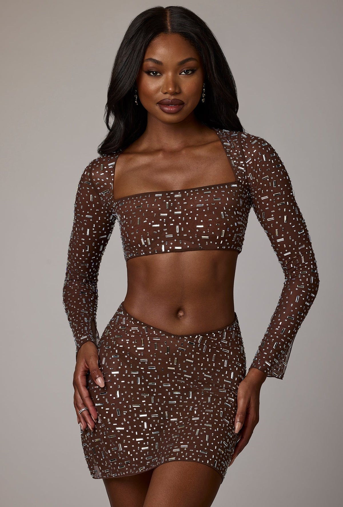 Chic Sheer Embellished V Waist Mini Skirt in Deep Cocoa
