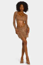 Chic Sheer Embellished V Waist Mini Skirt in Mocha
