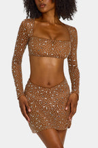 Chic Sheer Embellished V Waist Mini Skirt in Mocha