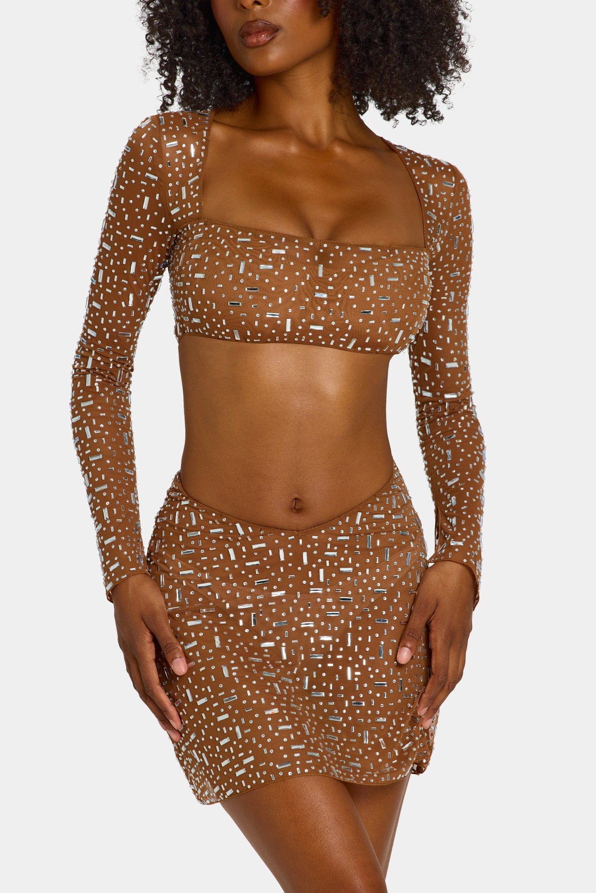Chic Sheer Embellished V Waist Mini Skirt in Mocha