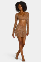Chic Sheer Embellished V Waist Mini Skirt in Mocha