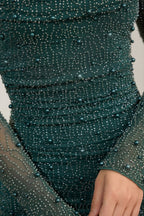 Chic Embellished Cowl-Neck Draped Mini Dress in Emerald Green