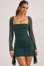 Chic Embellished Cowl-Neck Draped Mini Dress in Emerald Green