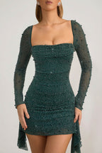 Chic Embellished Cowl-Neck Draped Mini Dress in Emerald Green