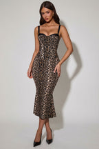 Chic Layered Bra-Detail Fishtail Midaxi Dress in Leopard Print