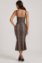 Chic Layered Bra-Detail Fishtail Midaxi Dress in Leopard Print