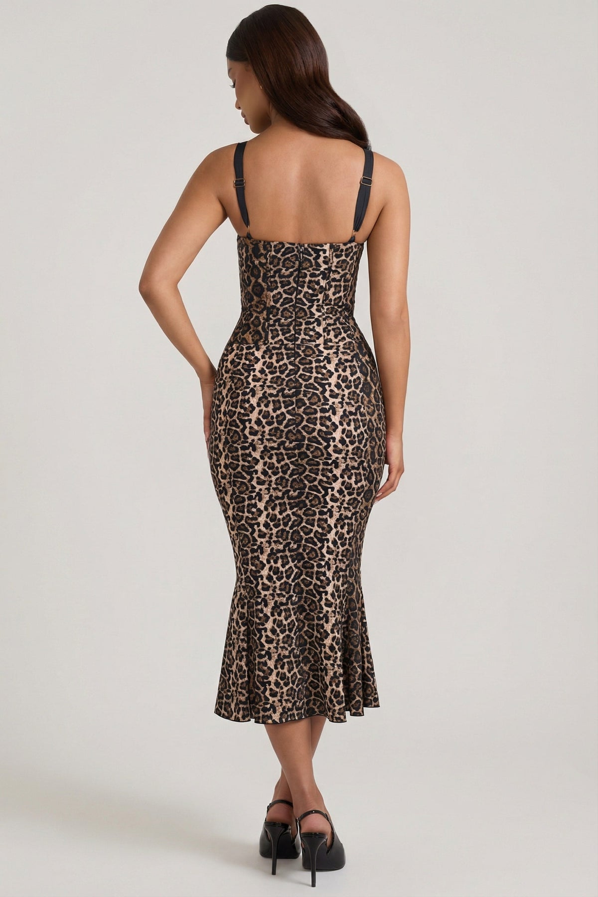 Chic Layered Bra-Detail Fishtail Midaxi Dress in Leopard Print