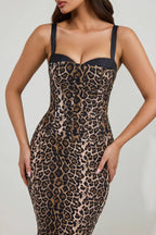 Chic Layered Bra-Detail Fishtail Midaxi Dress in Leopard Print