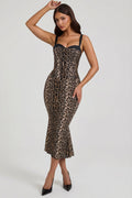 Chic Layered Bra-Detail Fishtail Midaxi Dress in Leopard Print