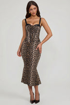 Chic Layered Bra-Detail Fishtail Midaxi Dress in Leopard Print