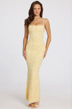 Chic Embellished Square-Neck Maxi Dress in Butter Yellow
