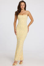 Chic Embellished Square-Neck Maxi Dress in Butter Yellow