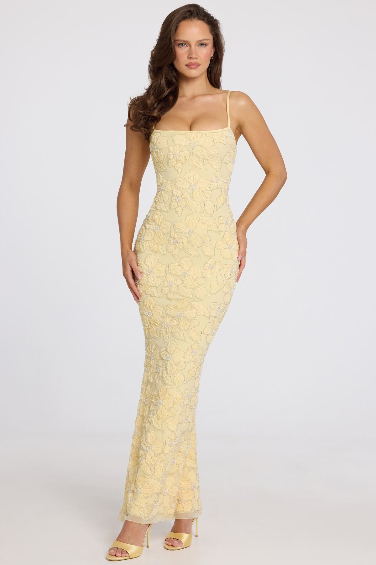Chic Embellished Square-Neck Maxi Dress in Butter Yellow