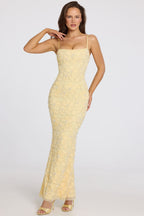 Chic Embellished Square-Neck Maxi Dress in Butter Yellow