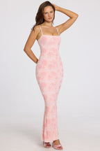 Chic Embellished Square-Neck Maxi Dress in Soft Pink Ombre