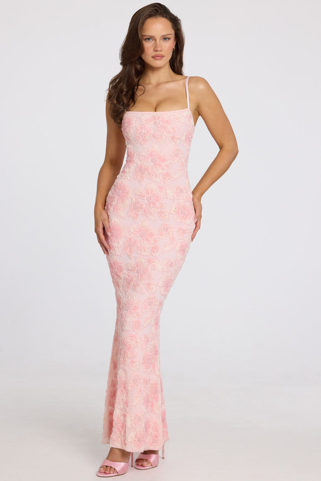Chic Embellished Square-Neck Maxi Dress in Soft Pink Ombre