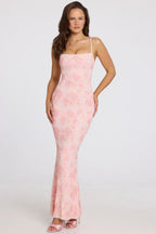 Chic Embellished Square-Neck Maxi Dress in Soft Pink Ombre