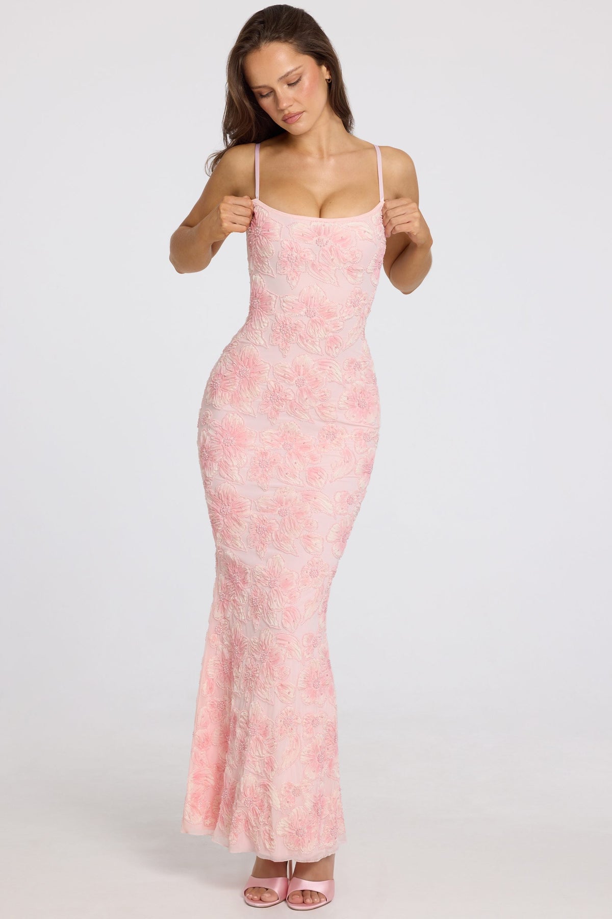 Chic Embellished Square-Neck Maxi Dress in Soft Pink Ombre