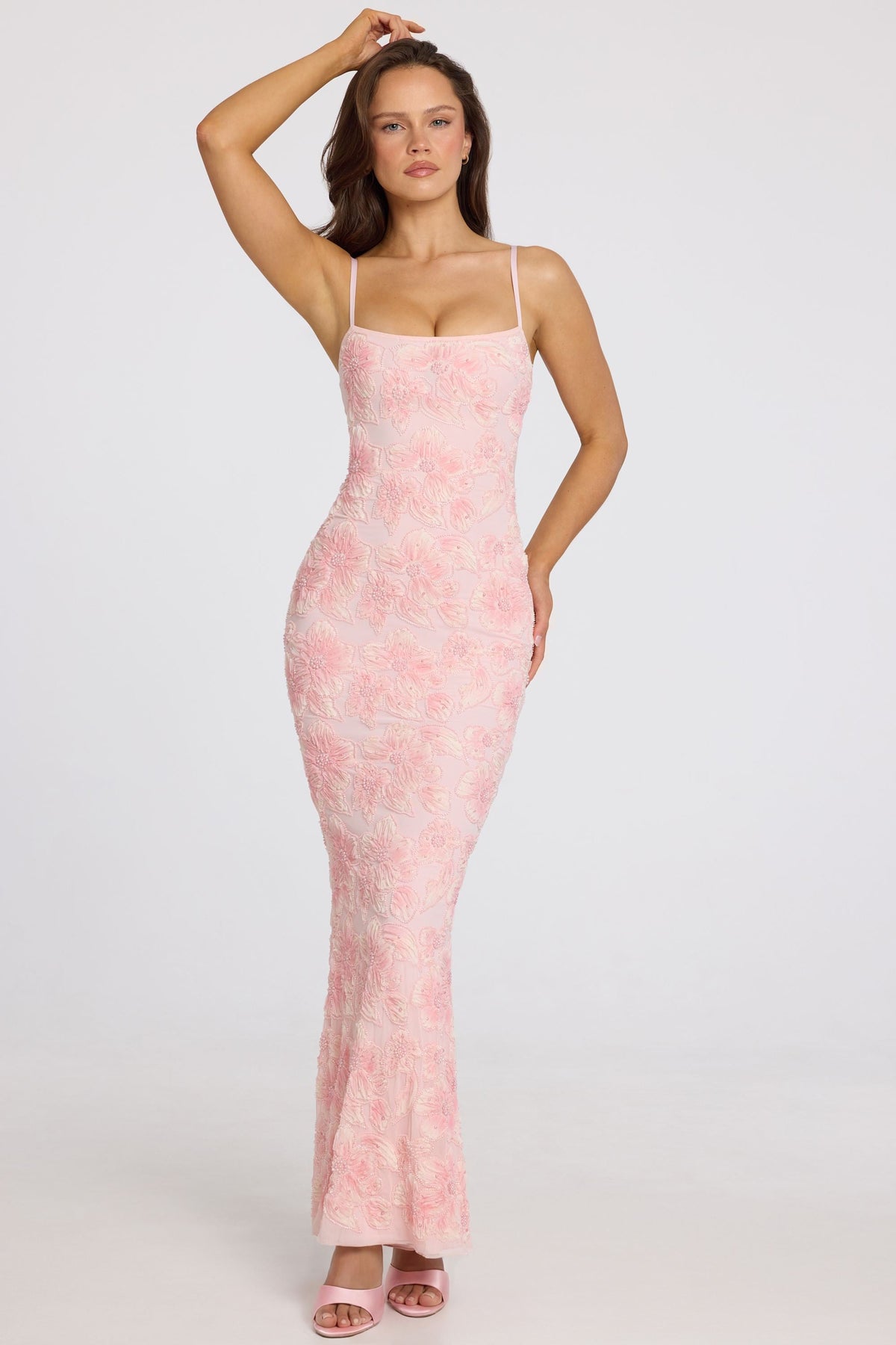 Chic Embellished Square-Neck Maxi Dress in Soft Pink Ombre