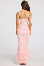 Chic Embellished Square-Neck Maxi Dress in Soft Pink Ombre