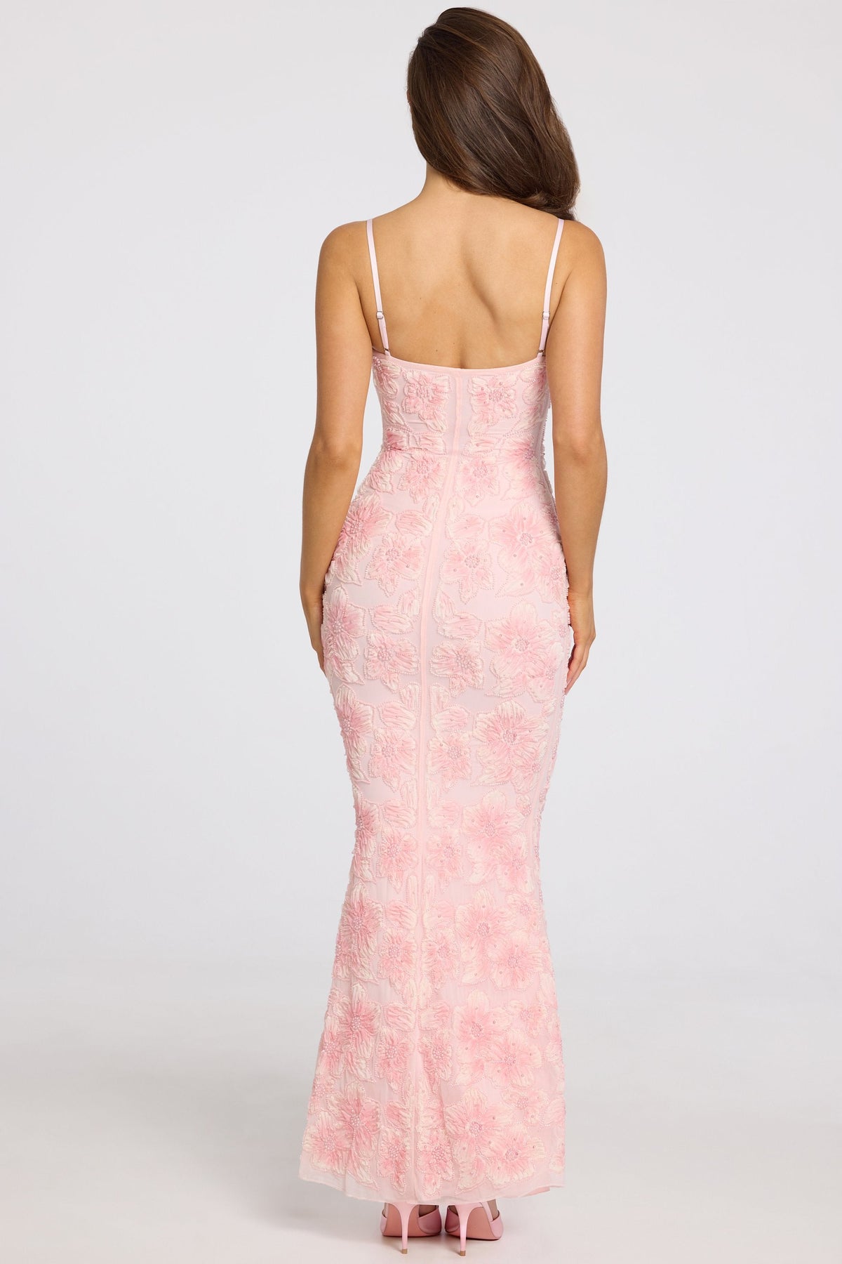 Chic Embellished Square-Neck Maxi Dress in Soft Pink Ombre