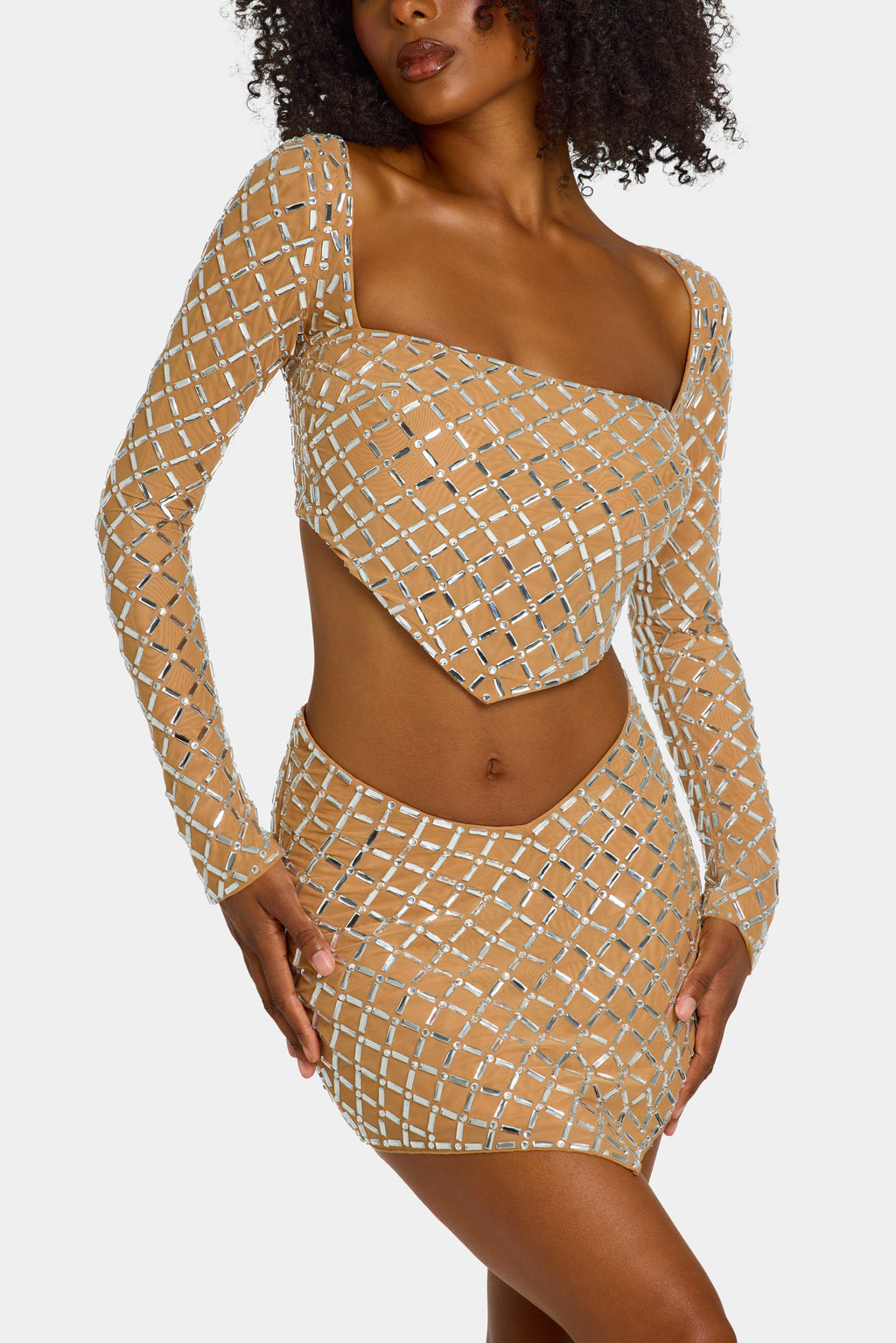 Chic Embellished Asymmetric Mid-Rise Mini Skirt in Honey
