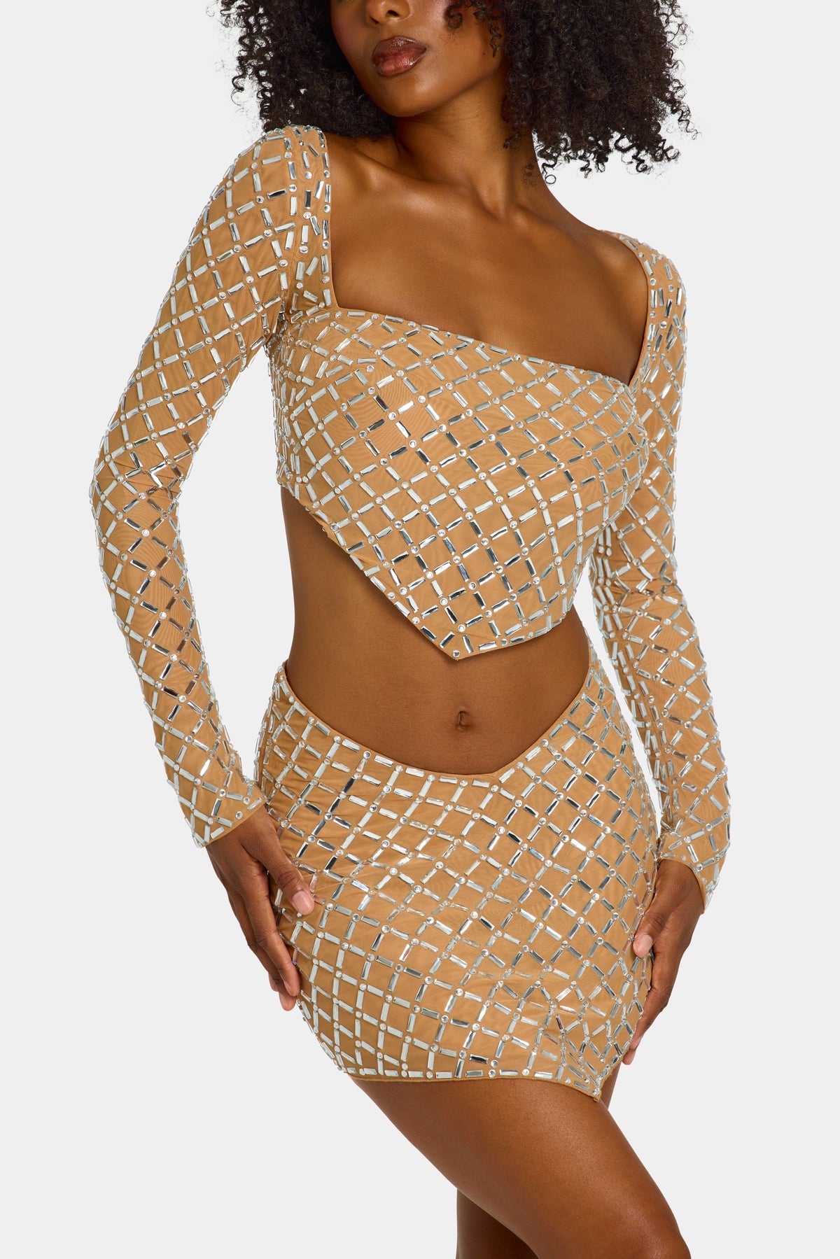 Chic Embellished Asymmetric Mid-Rise Mini Skirt in Honey