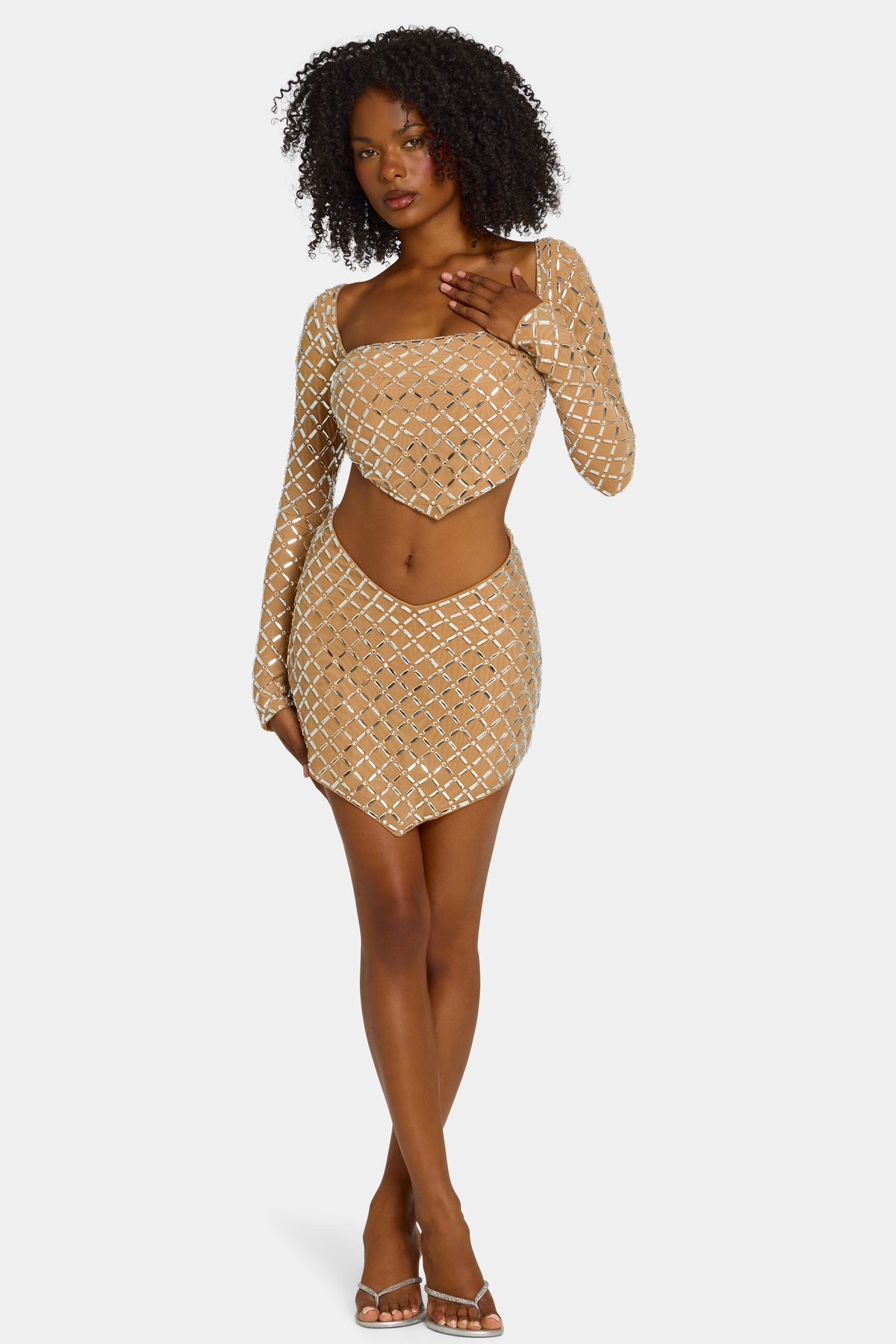 Chic Embellished Asymmetric Mid-Rise Mini Skirt in Honey