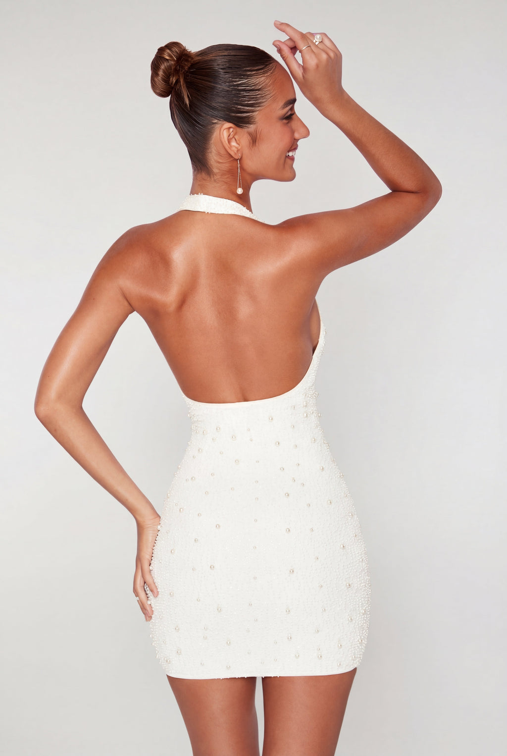 Chic Deep Plunge Embellished Mini Dress in Snow
