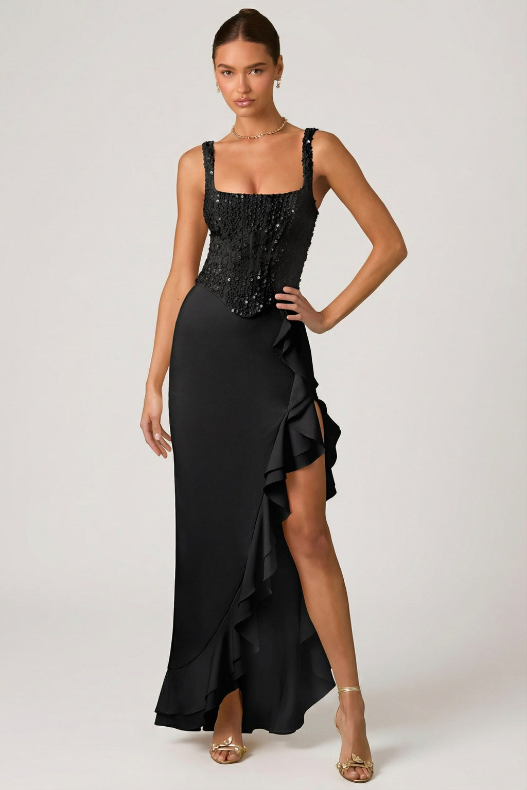 Chic Embellished Ruffle-Trim Corset Gown in Black