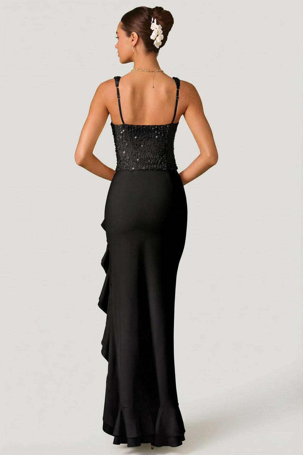 Chic Embellished Ruffle-Trim Corset Gown in Black